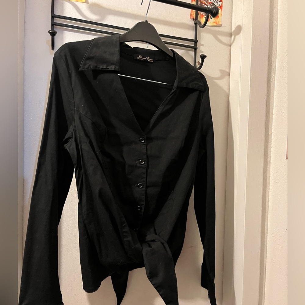 Black Tie-Front Button Shirt